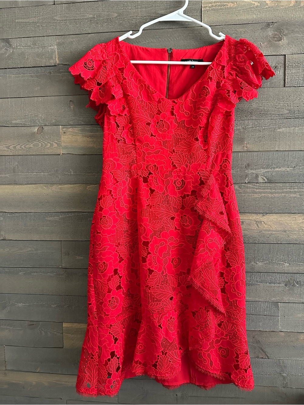 Nanette Lepore Red Lace Midi Dress with Floral Appliqué